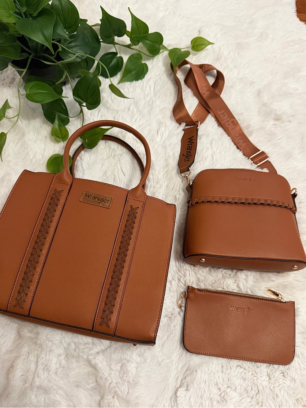 Wrangler Cognac Three-Piece Tote, Crossbody & Pouch Set